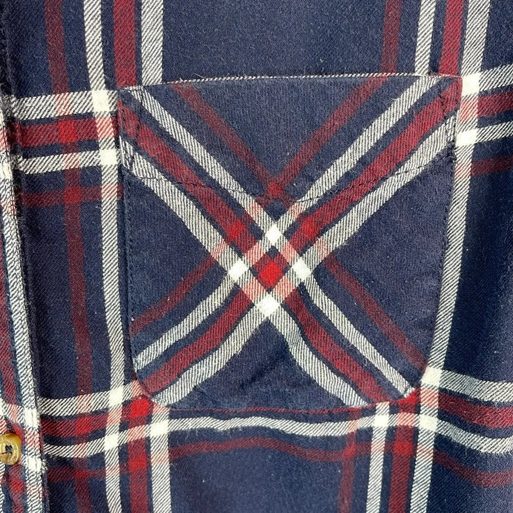 GARAGE Boyfriend Fit Plaid Hooded Flannel Shirt Navy Blue Burgundy White Size M - Picture 4 of 13